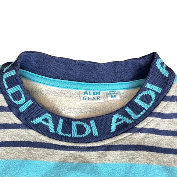 ALDI Gear Heritage Stripe Logo Collar Crewneck Sweatshirt Grey/Blue Medium - Picture 4 of 5